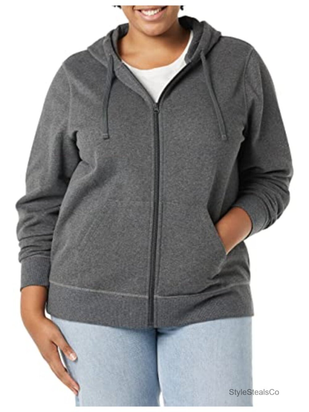 Women's Midweight Full-Zip Fleece Hoodie with Drawstring Cotton Blend Long